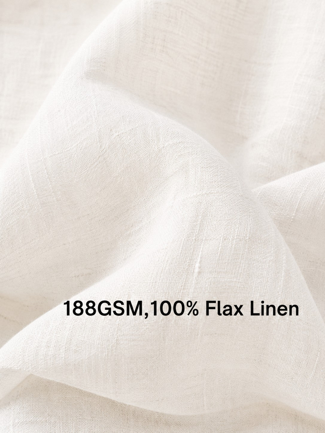 Close-up of draped off-white flax linen fabric with visible woven texture and the text '188GSM,100% Flax Linen' overlaid near the bottom.