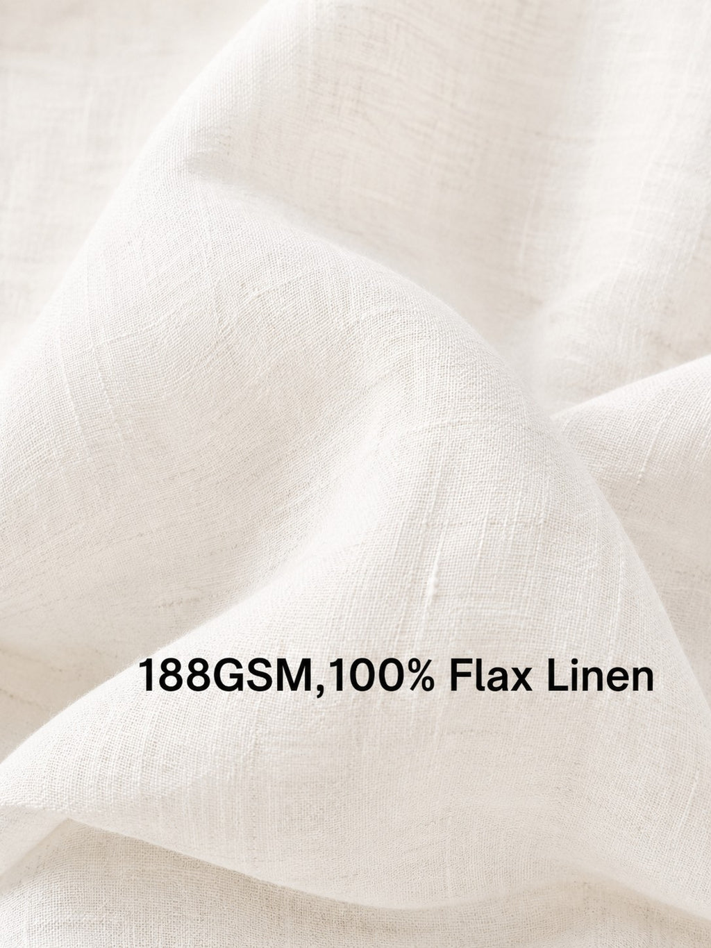Close-up of draped off-white flax linen fabric with visible woven texture and the text '188GSM,100% Flax Linen' overlaid near the bottom.