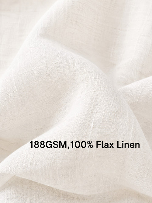 Close-up of draped off-white flax linen fabric with visible woven texture and the text '188GSM,100% Flax Linen' overlaid near the bottom.