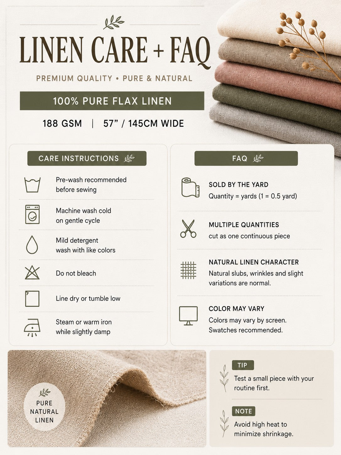 Pure Linen Fabric for Sewing – 188gsm Medium Weight, 57" Wide